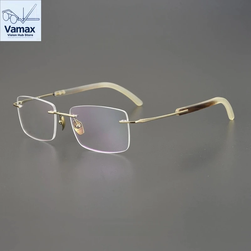 

Premium Black Horn Square Rimless Eyeglasses Frame for Men Business Office Eyewear Prescription Myopia Hyperopia Glasses