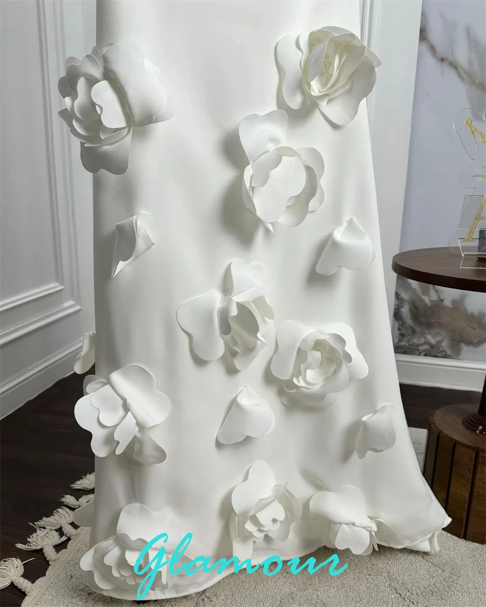 Customized Delicate White Jersey Evening Dress Exquisite Off the Shoulder Flowers Sweep Train Party Dress Vestido De Festa