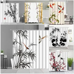 Waterproof Ink Painting Bamboo Leaves Bird Shower Curtains, Mountain Water Plant Landscape, Bathroom Curtain, Home Decor