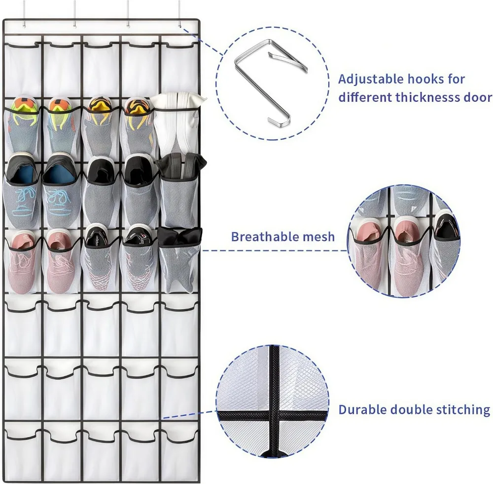 35 Pockets Over Door Shoe Organizer with Mesh, Hanging Storage for Shoes, Large Capacity, 4 Metal Hooks, White view 2