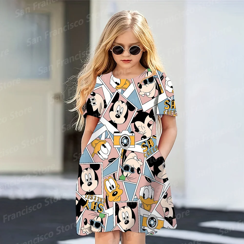 Summer New Disney Series Cartoon Pattern Girl Dress KID/Adult Short Sleeve Parent-Child Dress Mickey Donald Duck 3D Printing