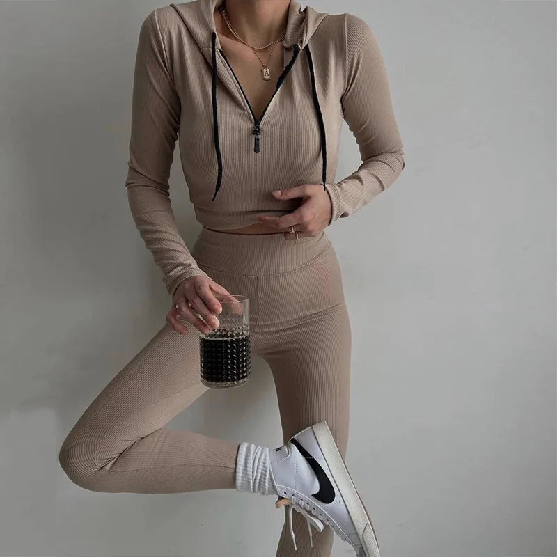 

2024 New Women's Fashion Knitted Hoodie Cover Decoration High Waist Long Sleeve Long Pants Two Piece Set