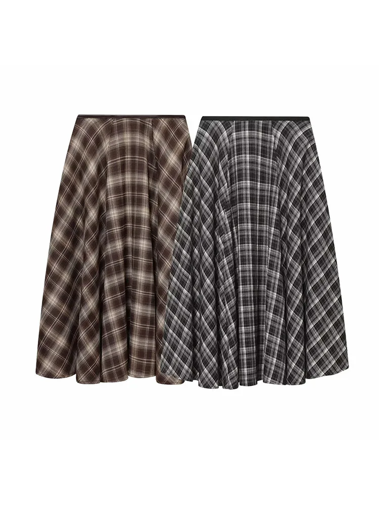 

Women Autumn New High Waist Brown Plaid Vintage Loose Plaid Umbrella Skirt Women Fashion Tide