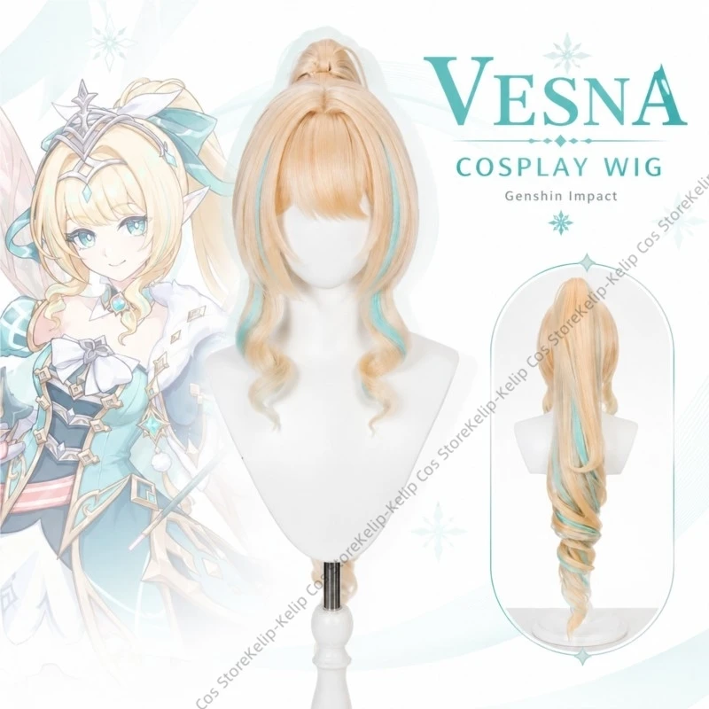 Genshin Impact Vesna Cosplay Wig, Long Blonde Ponytail with Turquoise Highlights, Curly Anime Hair for Halloween Party
