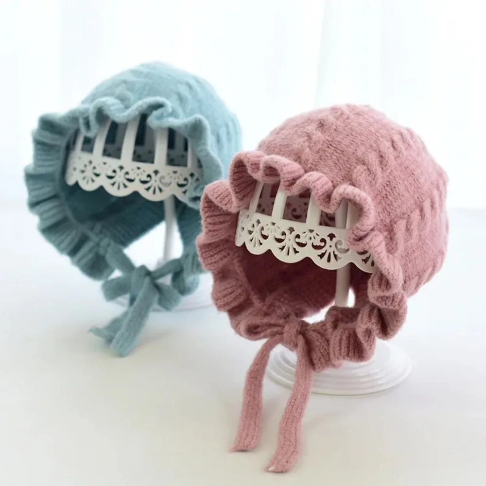 

Winter Girl Baby Hooded Hat Infant Hat Autumn and Winter Ear Protection Warm Woolen Hat Lace Girls Knitted Hat 0-2Years