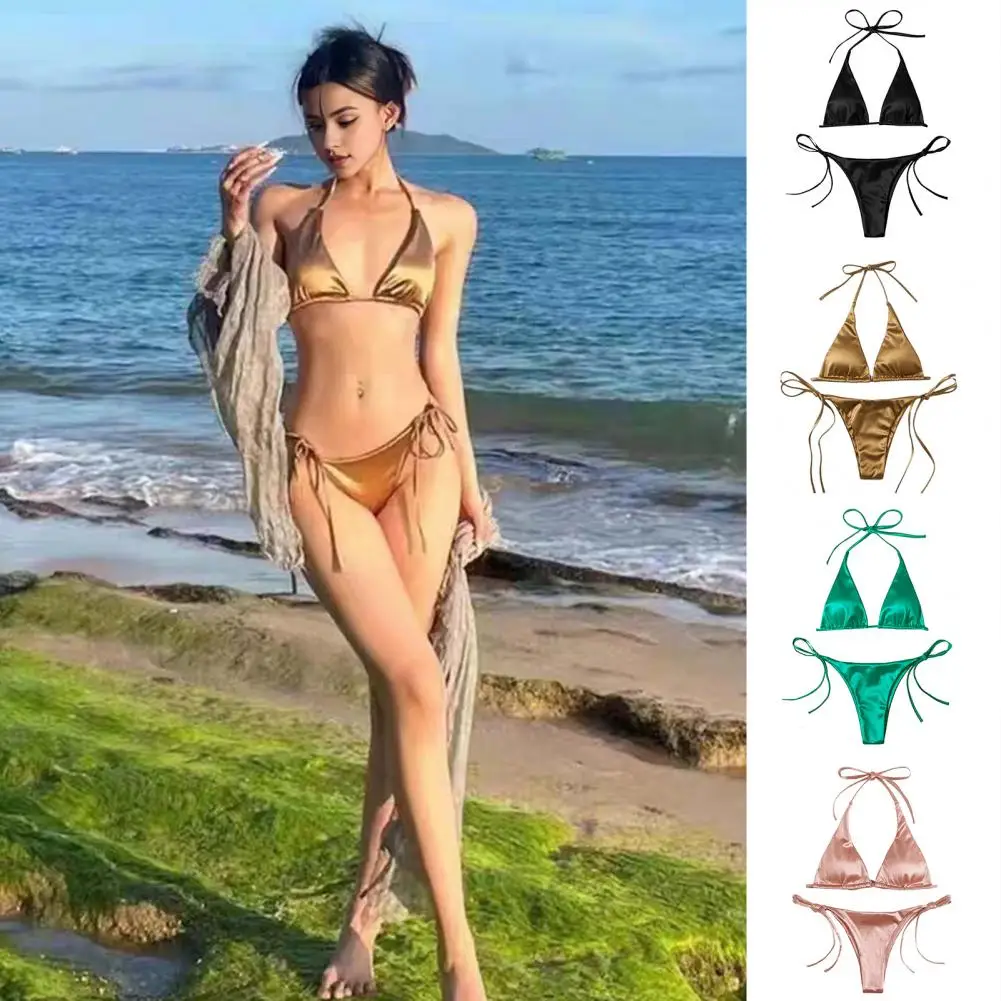 2 Pcs/Set Women Summer Bikini Set Lace-up Spaghetti Strap Backless Attire G-string Lady Bechwear Bathing Suit Surfing Swimsuit