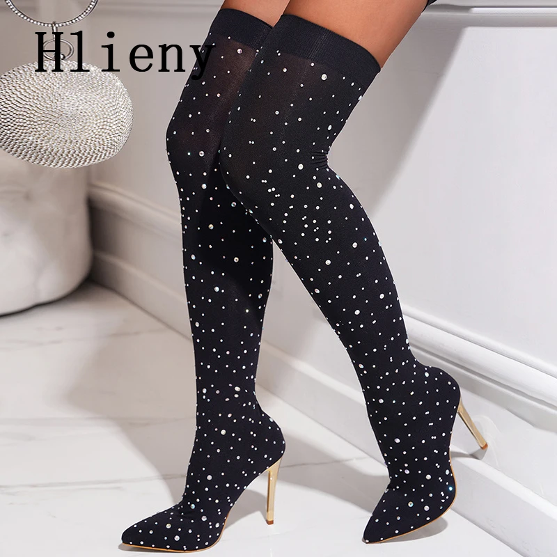 Hlieny Size 35-43 Fashion Runway Crystal Stretch Fabric Sock Over-the-Knee Boot Thigh High Pointed Toe Woman Stiletto Heel Shoes