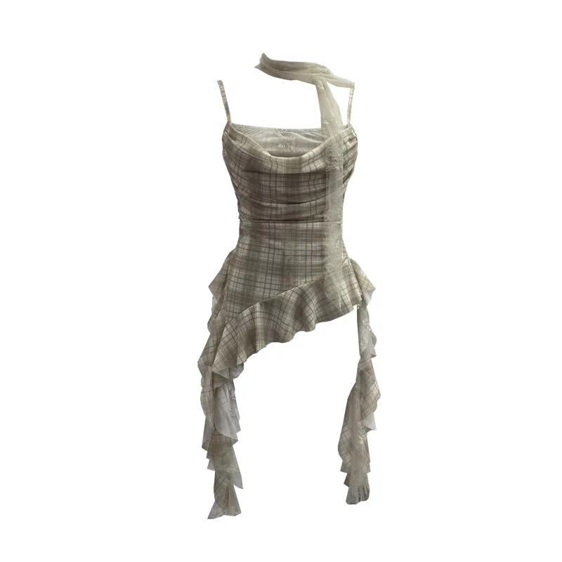 ISAROSE Y2K Plaid Camisole for Women Summer Casual Lace Scarf Breathable Stretch Mesh Patchwork Asymmetrical Ruffle Slim Tops view 6