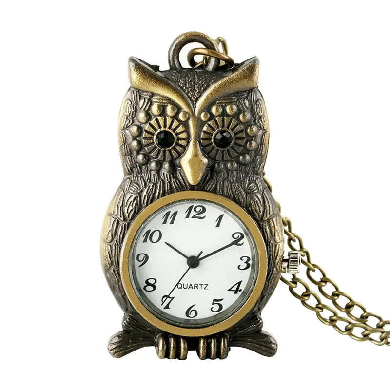 Vintage Style Animal Owl Shape Design Men Women Quartz Analog Pocket Watch Arabic Number Display Necklace Chain Clock To Kids