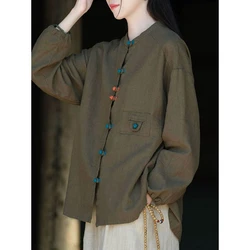 Cotton and Linen Colored Buckle Chinese Style Retro Shirt Plus Size Women's Standing Collar Casual Long Sleeved Cardigan Top