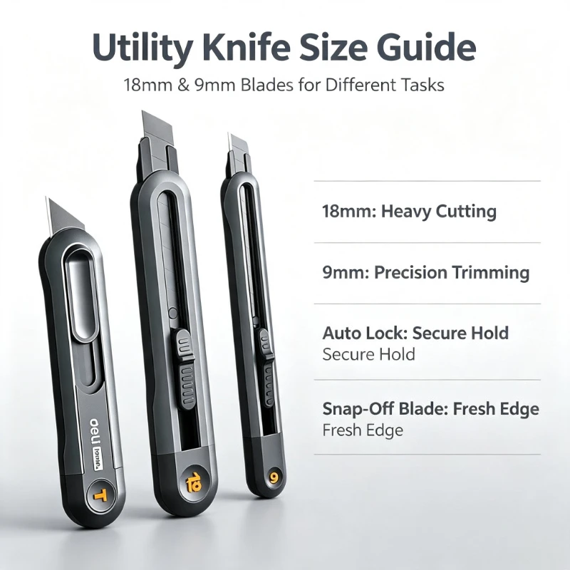 DELI Retractable Snap-Off Utility Knife 18mm/9mm High Carbon Steel Blades Box Cutter Auto Lock for Office Supplies Stationery