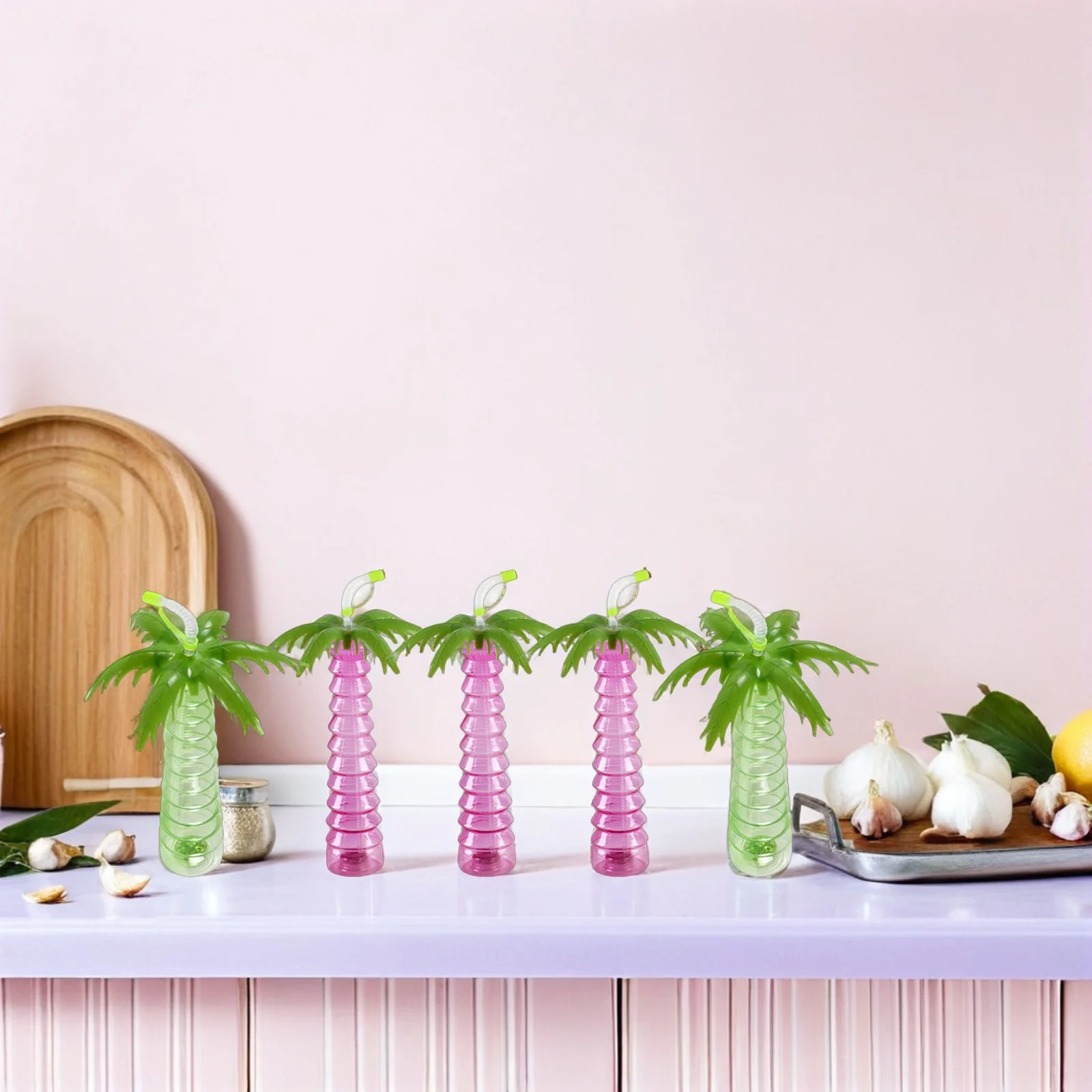 Botella de paja con forma de árbol de coco, taza de agua portátil, taza de bebida multifunción para exteriores, suministros de viaje reutilizables para niños, 5 uds.