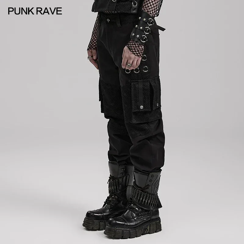 PUNK RAVE Men's Punk Perforated Mesh Non-elastic Eyelet Webbing Decorative Loops Pants Daily Casual Cool Trousers Streetwear