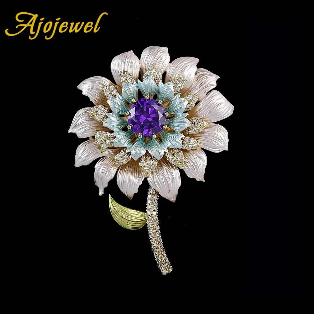 

Ajojewel Metal Enamel Sunflower Brooch With Purple Crystal Rhinestone Corsage Pin Women Accessories