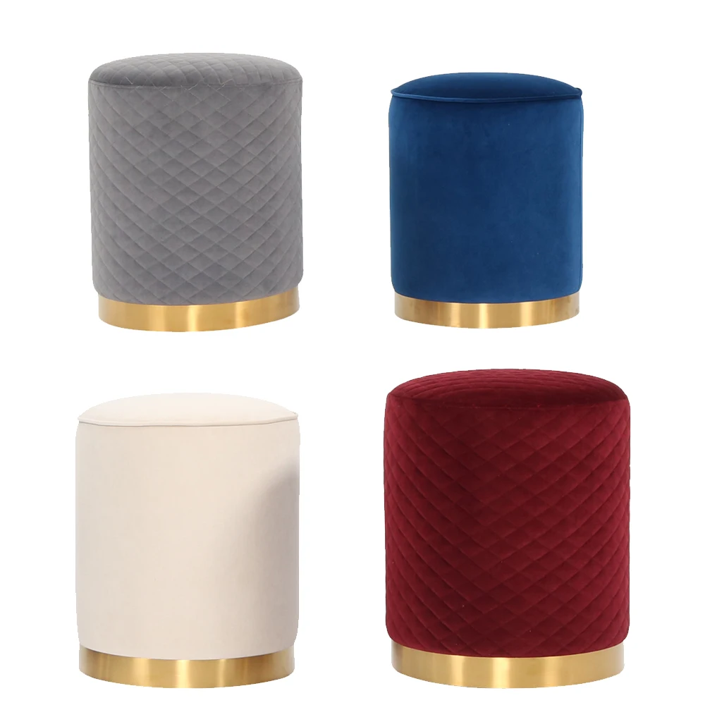 Home Furniture Gold Metal Base Stool White Velvet Round Ottoman Living Room