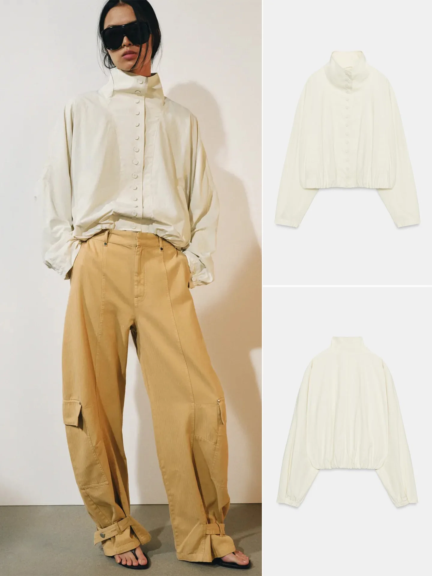 Autumn New Women's Long Sleeve Stand Collar Pocket Single Row Multi Button Straight Tube Flared Hem Jacket Casual Style Polye...