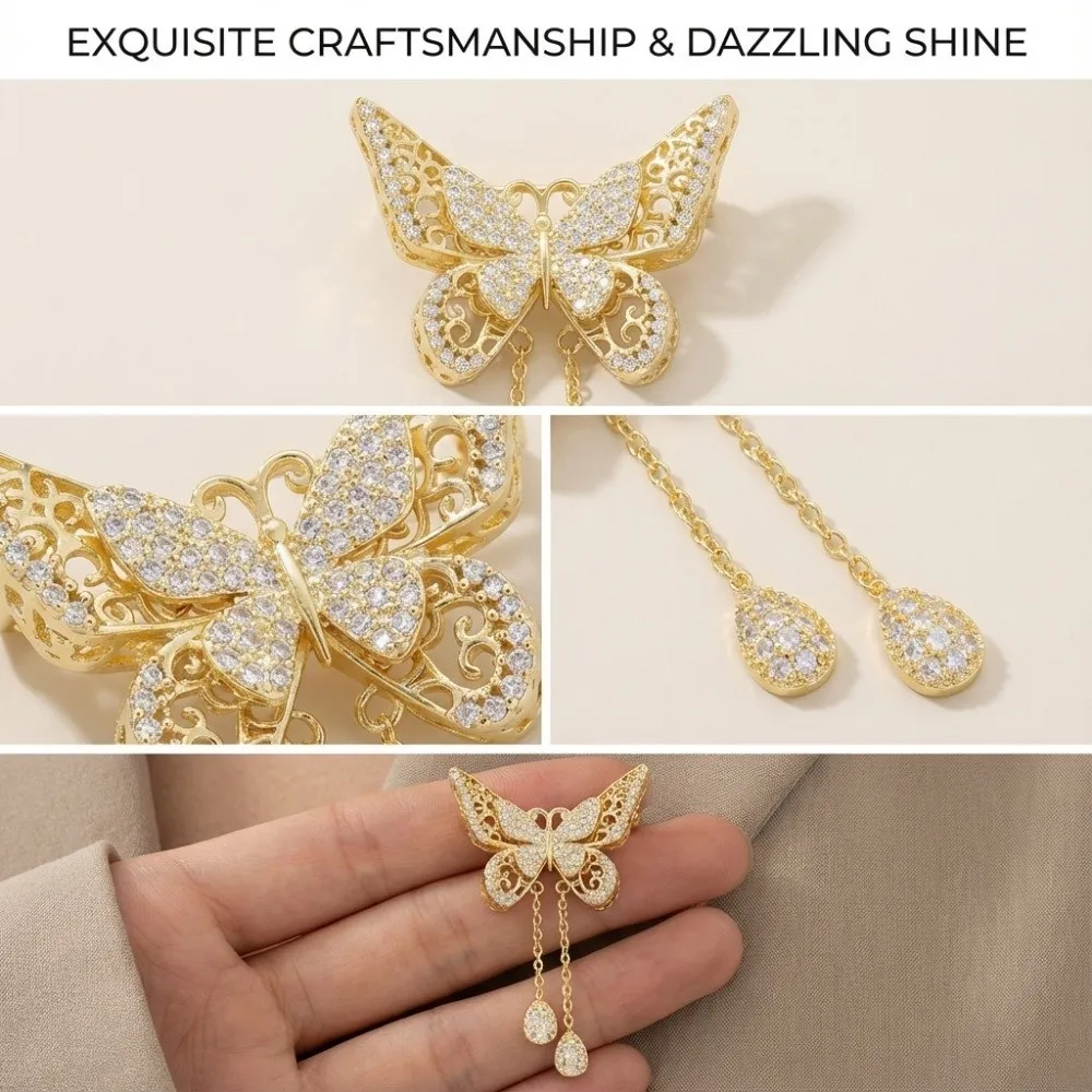 Elegant 7CM Butterfly Brooch Water Drop Tassel Multi-Occasion Wear Clothing Dress Badge Pin DIY Collar Lapel Pin Women
