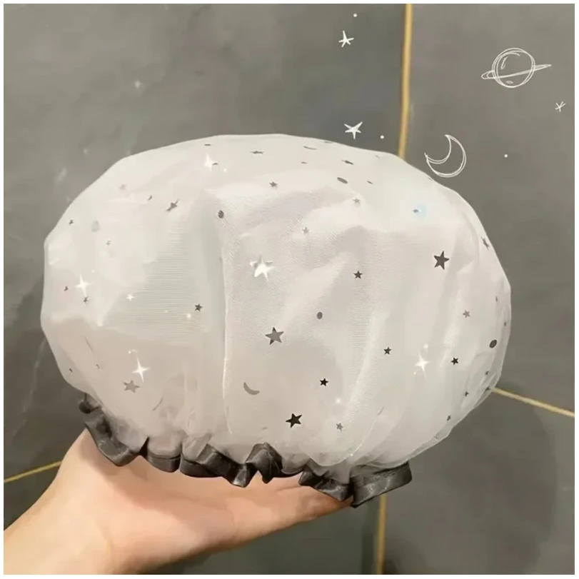 

Waterproof Double-Layer Shower Cap Starry Sky Design Fashion Reusable Bathing Hat Kitchen Oil-proof Sanitary Hat
