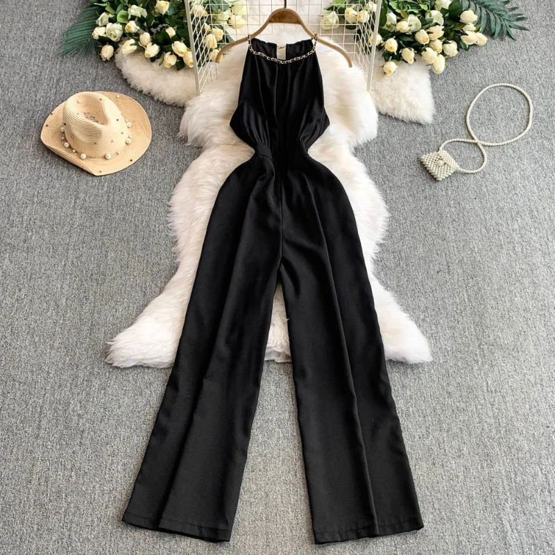 Commuting fashion jumpsuit women's summer 2026 new retro chain hanging neck pressed pleat high waist slimming wide leg pants