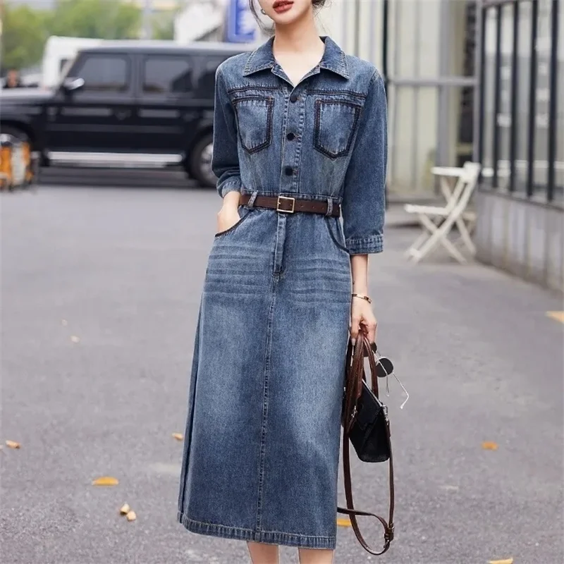 

Denim Dress Casual Fashion Dress Women's Sense Of High Quality Blue New Belt Shirt Dress Temperament Dress Spring Autumn Dress