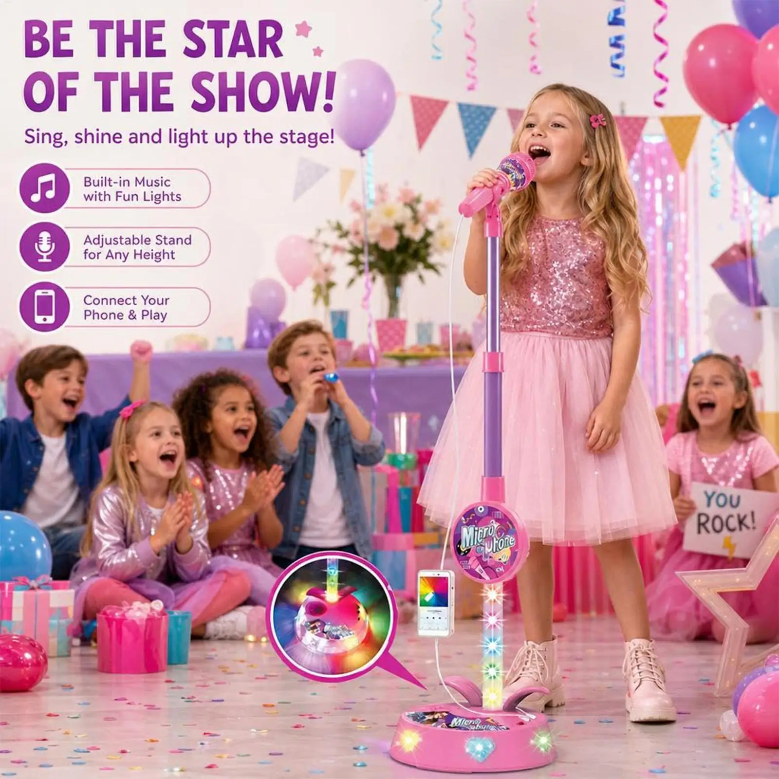 Kids Microphone Stand Toy 7 Color Lights 110cm Adjustable Height Stereo Speaker Singing Machine Idol Role Play Christmas Gift