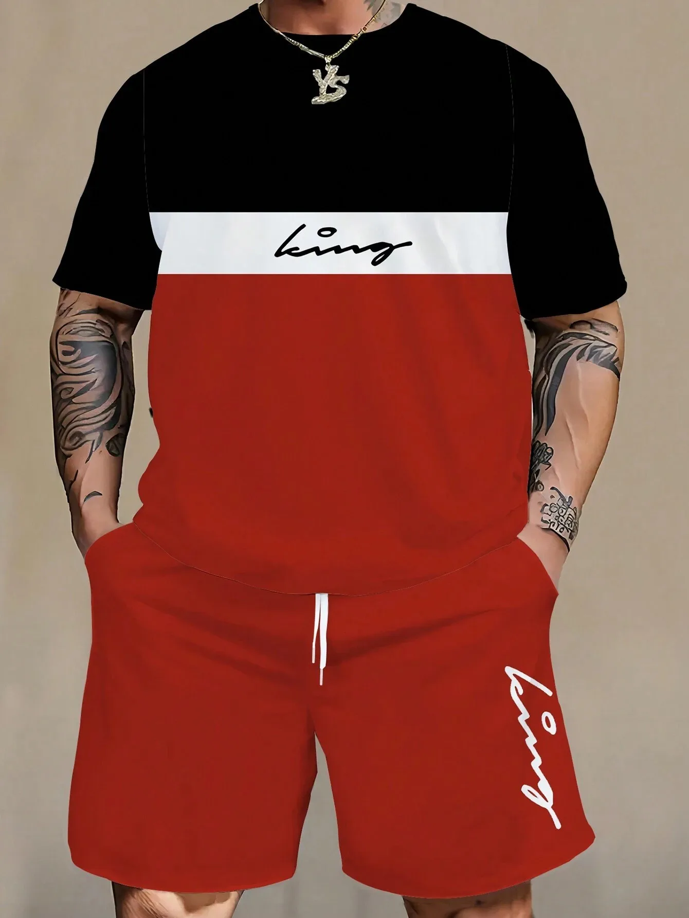 

2026 Summer New Men's Short-Sleeved Shorts Set with 3D Letter Pattern Printing - Street Casual Fashion Comfortable and Soft