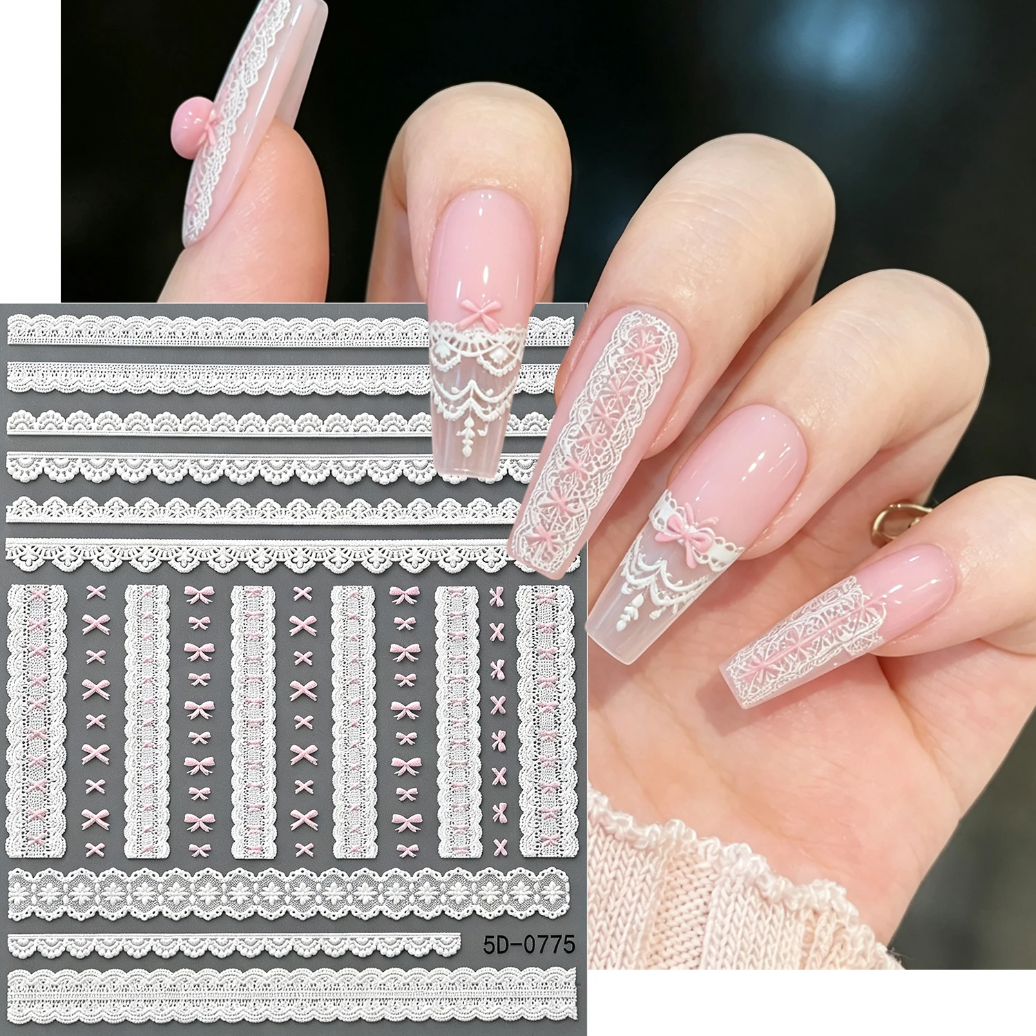 1Pcs 5D Embossed White Lace Pink Bow Nail Stickers Sweet Bowknot Knit Laces Nails Decals Japanese Cool Girls Manicure Decoration