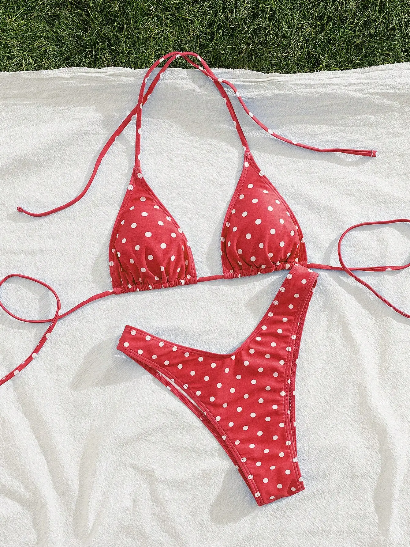 

Red White Polka Dot Triangle Bikini Set With Padded Cups Spaghetti Strap Beach Swimwear