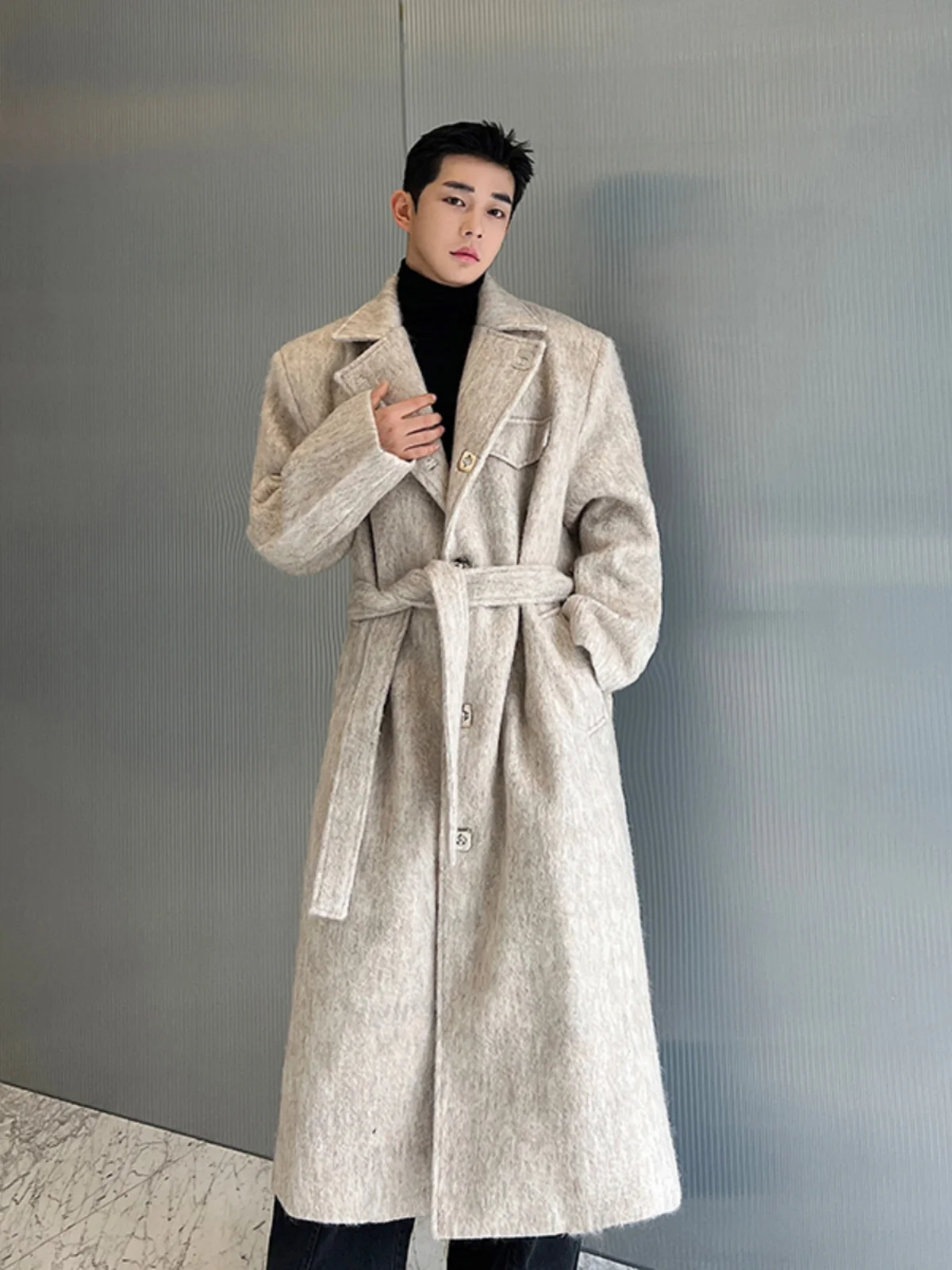 

Thiened Autumn Winter Men's Overcoat Long Faion Urban Sle Woolen Coat Metal Box Bule Lapel Single Button Closure