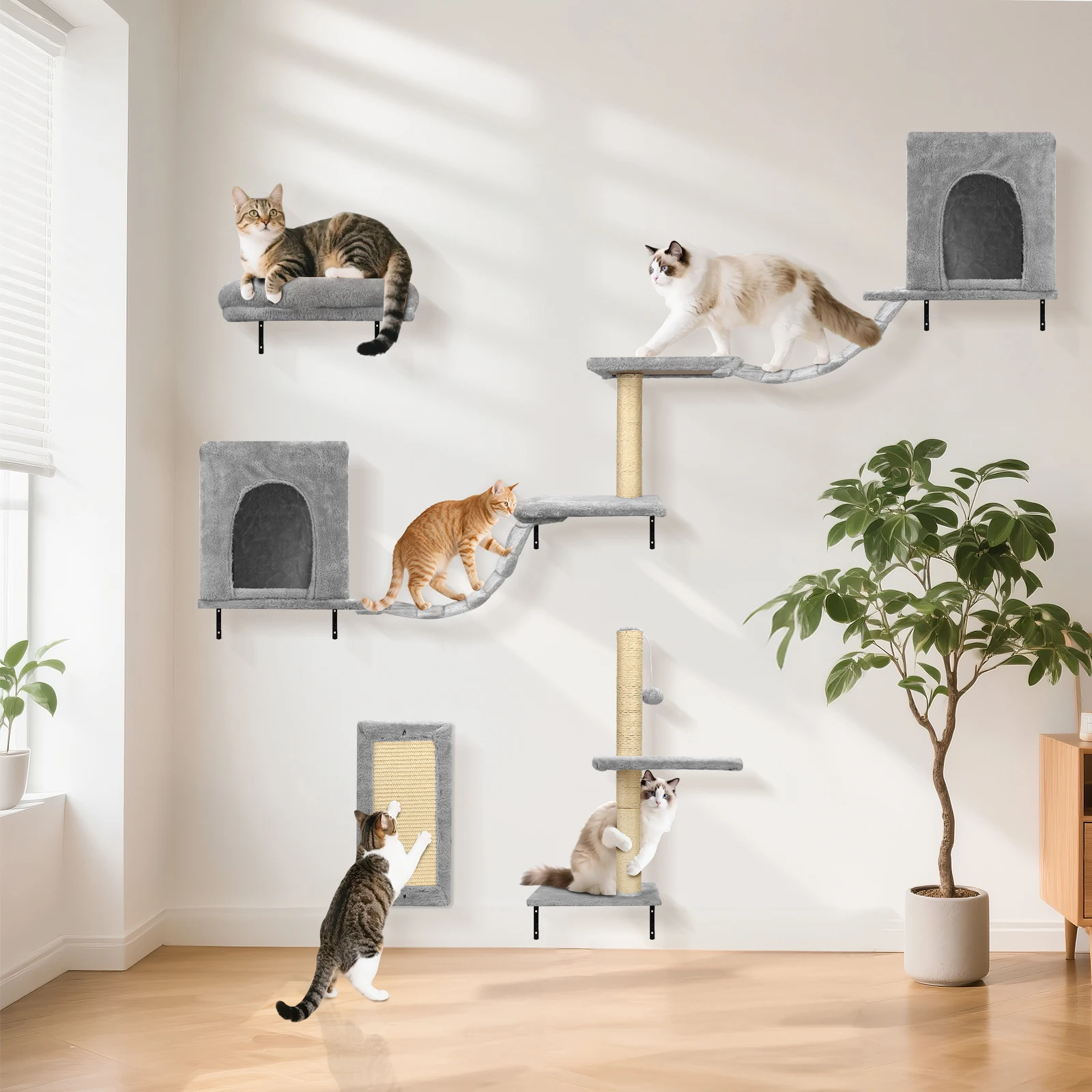 Nobleza 6 Set de Pared de Escalada para Gatos, con 2 Casitas, Puente Colgante, Poste Rascador de Sisal y Plataforma Fija - Mueble Escalada para Dormir, Jugar, Descansar hasta 10 kg