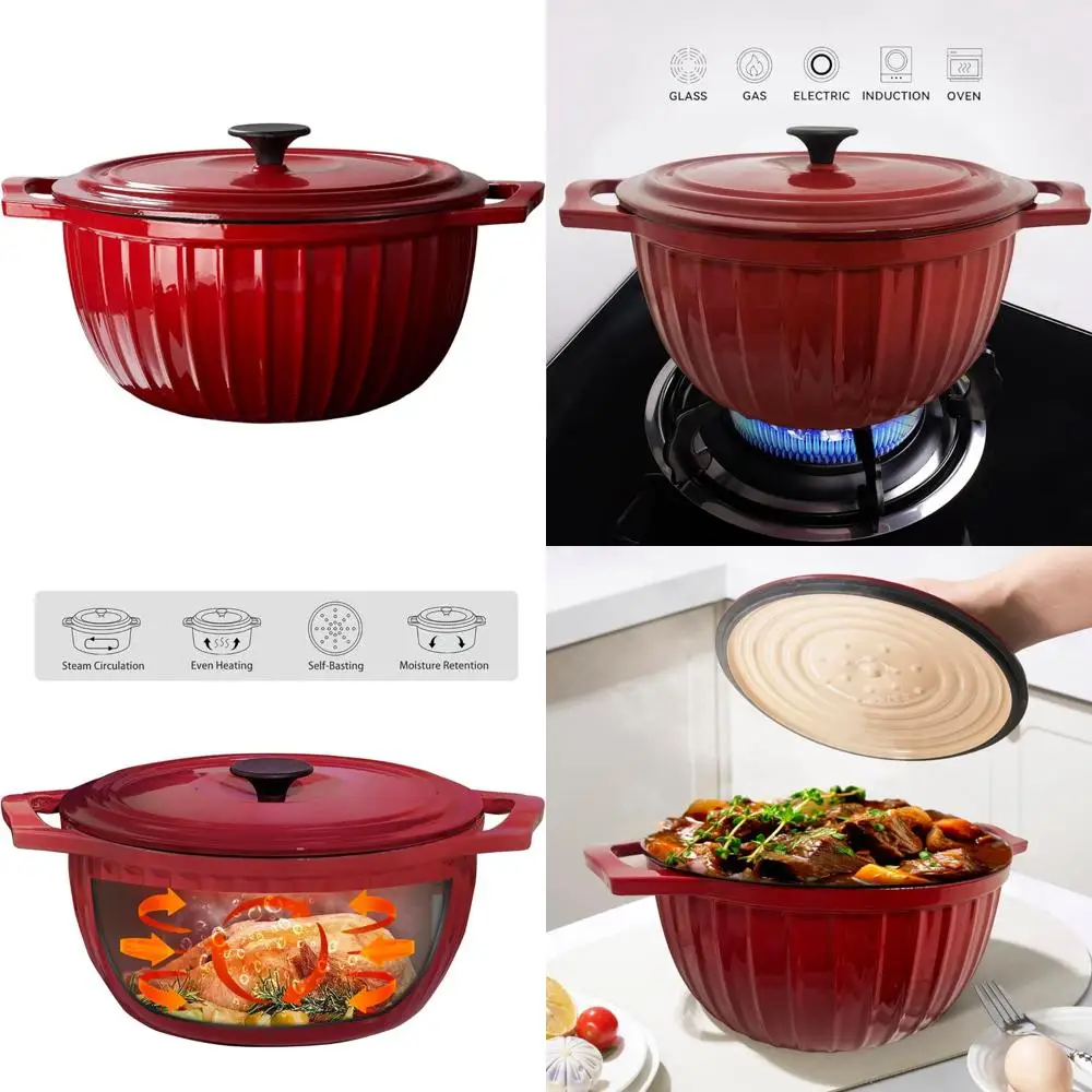 

Enameled Cast Iron Dutch Oven with Lid - 5.3 Quart Red Cookware, Sturdy Pot for Baking and Stewing, Ruby Red Finish