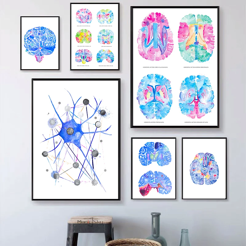 Brain Anatomy Radiology Neurology Watercolor Poster Pathology Canvas Painting Wall Art Pictures Home Decor Neurologist Gift