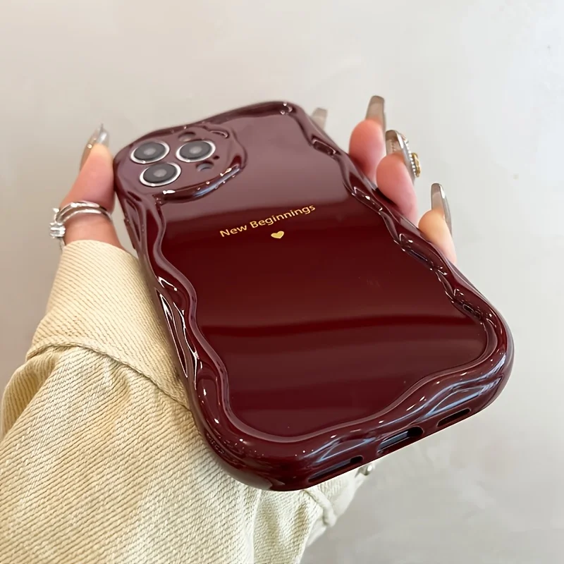 Neue Anfänge Retro Weinrote Wellenförmige Handyhülle für iPhone 17 15 13 11 12 14 16 17 Pro Max Plus mit Linsenschutz Silikonhülle für Damen – Detail 3