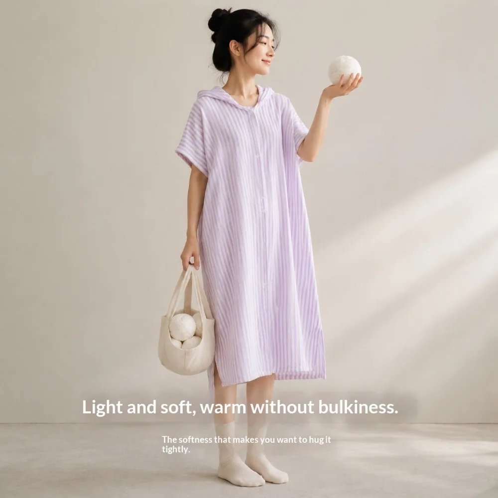 Coral Fleece Short Sleeve Bathrobe 10A Color Stripe Contrast Bath Dress Wearable Towel Homewear for Women