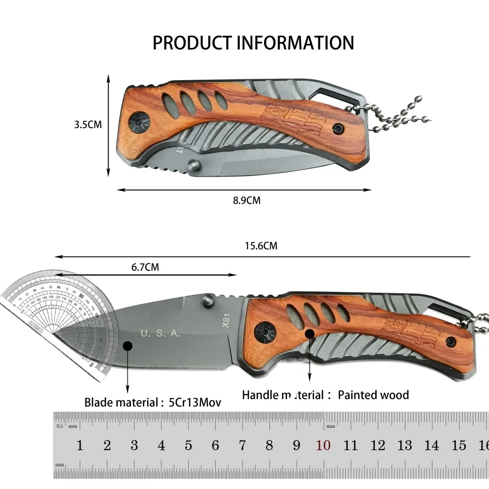BK X61 Folding Knife 5Cr13Mov Blade Color Wood Handle Pocket Knife Outdoor EDC Camping Hiking Hunting Cutting Survival Tool