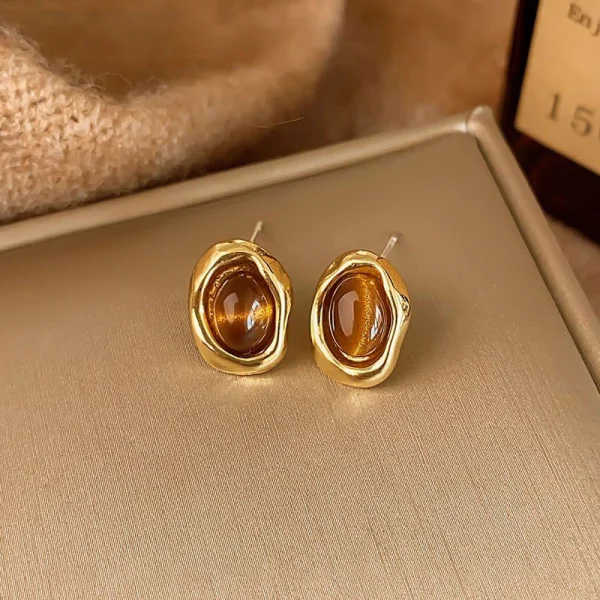Vintage Braune Harz Tigerauge Stein Baumeln Ohrringe für Frauen Trendy Gold Farbe Metall Rahmen Geometrie Ohrringe Schmuck Geschenke – Detail 5