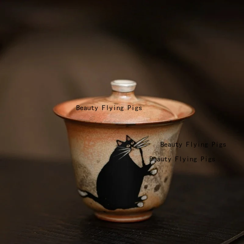 

1pc Ceramic Cat Lid Bowl Hand Drawn Cat Bowl Cover Household Tea Bowl Kung Fu Tea Set Accessories Ceramic Cups Kitchenware