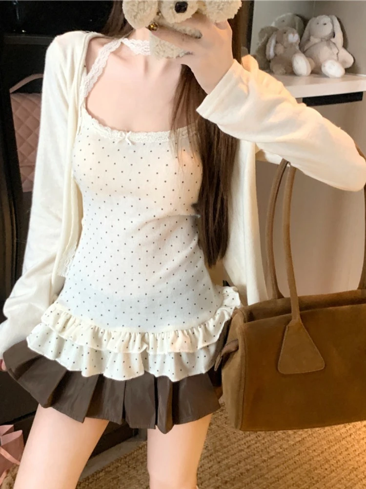 

Модный милый комплект из 2 предметов с длинными рукавами, женские осенние шикарные белые вязаные топы + лоскутный жилет в горошек, эластичная тонкая одежда в стиле ретро