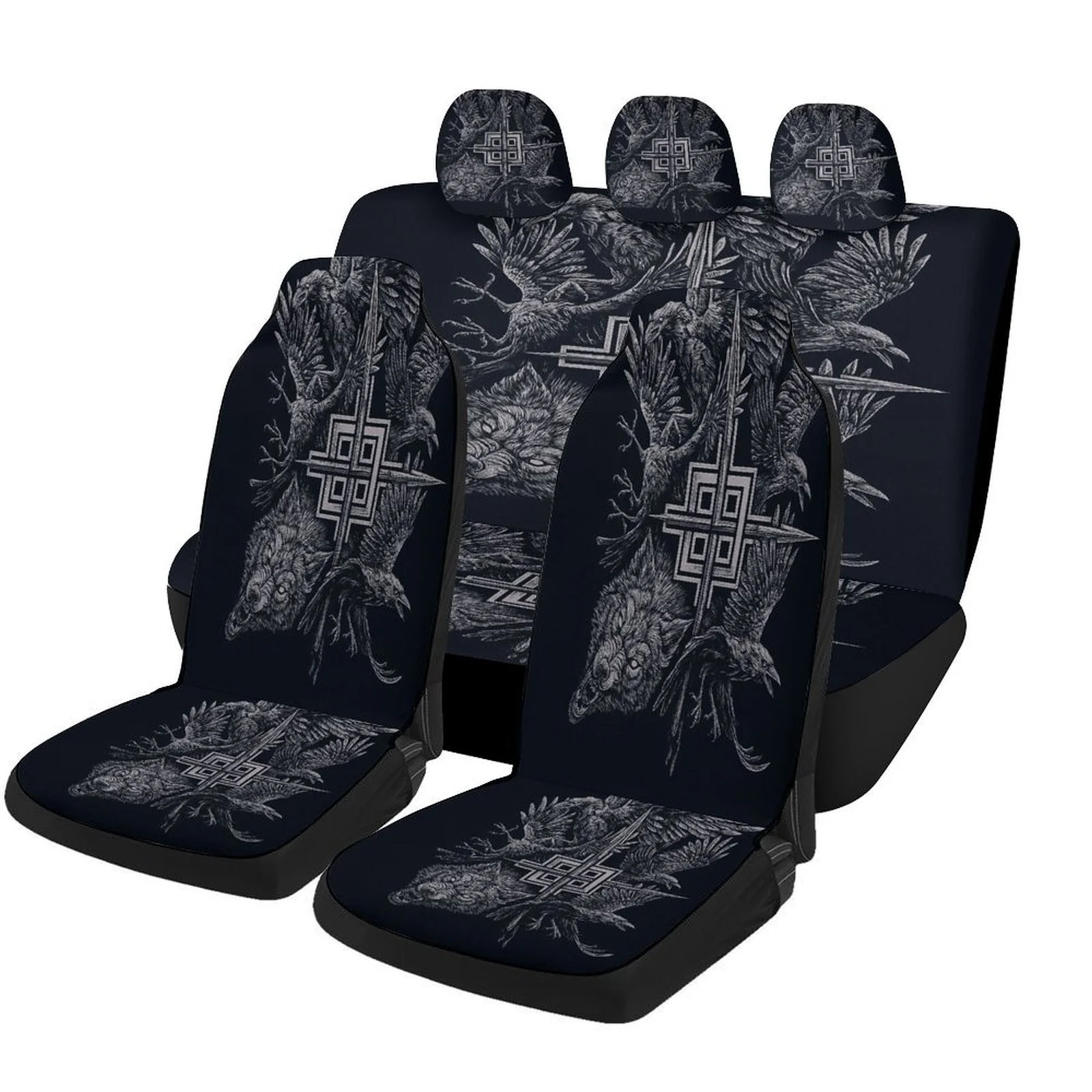 Car Seat Cover Set Featuring Wolves And Ravens, Suitable For Various Vehicles. Stylish And Durable, This Complete Set Includes C