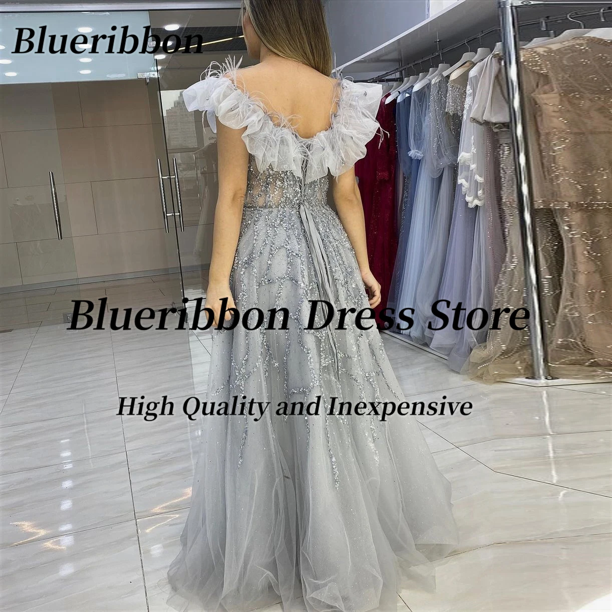 Blueribbon vestidos de baile personalizados com penas frisadas fora do ombro vestidos de noite rendas até voltar dubai festa arábia saudita feminino