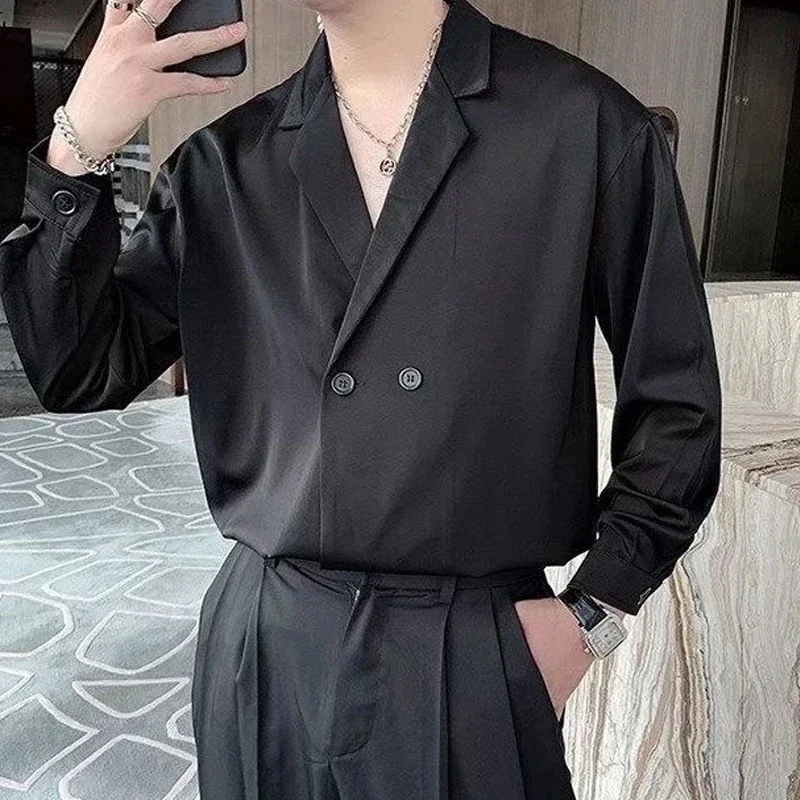 

2024 Spring and Autumn Fashion Advanced Loose Casual Business Flip Collar Double Breasted Buckle Solid Color Long Sleeved Shirt