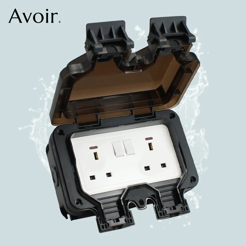 

Avoir IP66 UK Outdoor Waterproof Power Sockets Dual 13A Plug Dustproof Weatherproof Electrical Outlets With Switch led Indicator