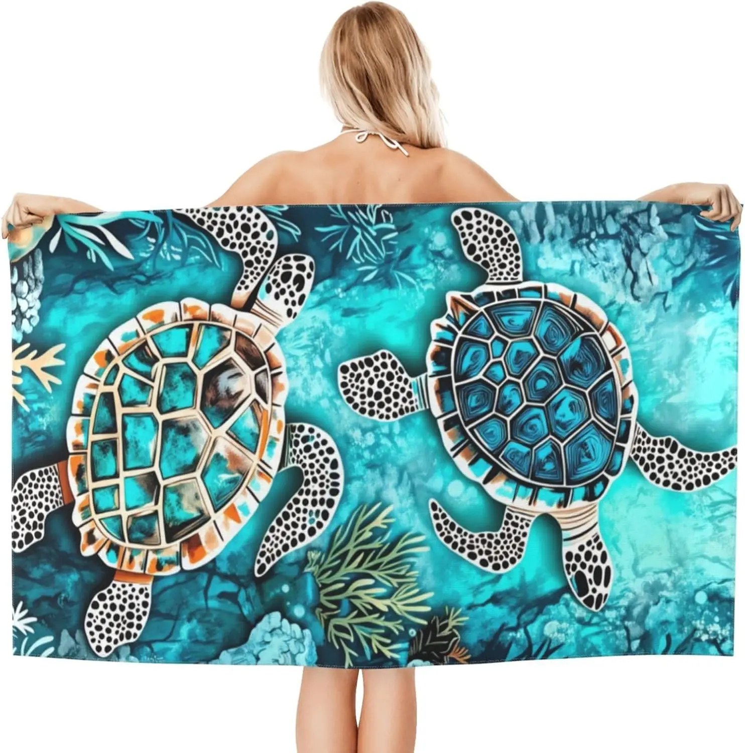 Cute Sea Turtle Tropical Beach Towel Ocean Print Coastal Marine Life Bathroom Decor Gift for Pool Spa Resort