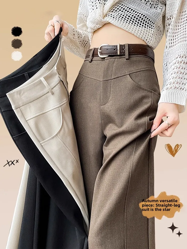 

Slim Fit High Waist Straight Leg Pants Women's Coffee Color Casual Trousers American Style Button Pocket Cotton Straight Tube