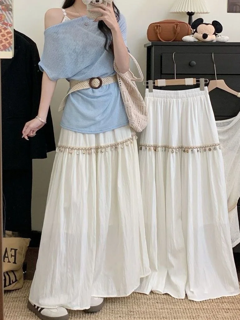 

2026 Bohemian Style A-Line Skirt Elastic Waist Splicing Long Skirt Elegant Summer Chain Splicing Skirt