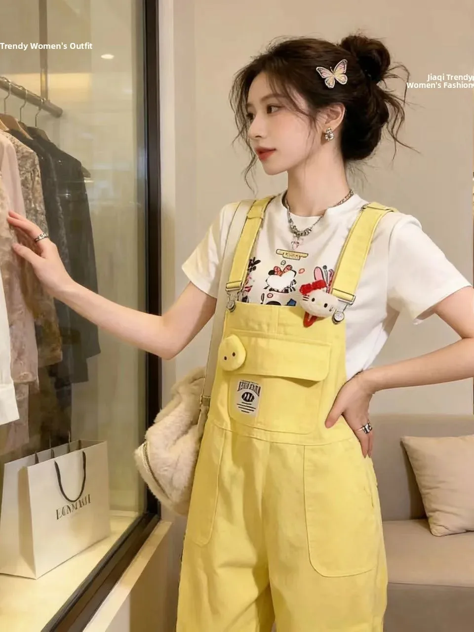Trendy  Yellow Denim Overalls Women's High Waist Straight Leg Two Piece Set Breathable Cotton Casual Pants