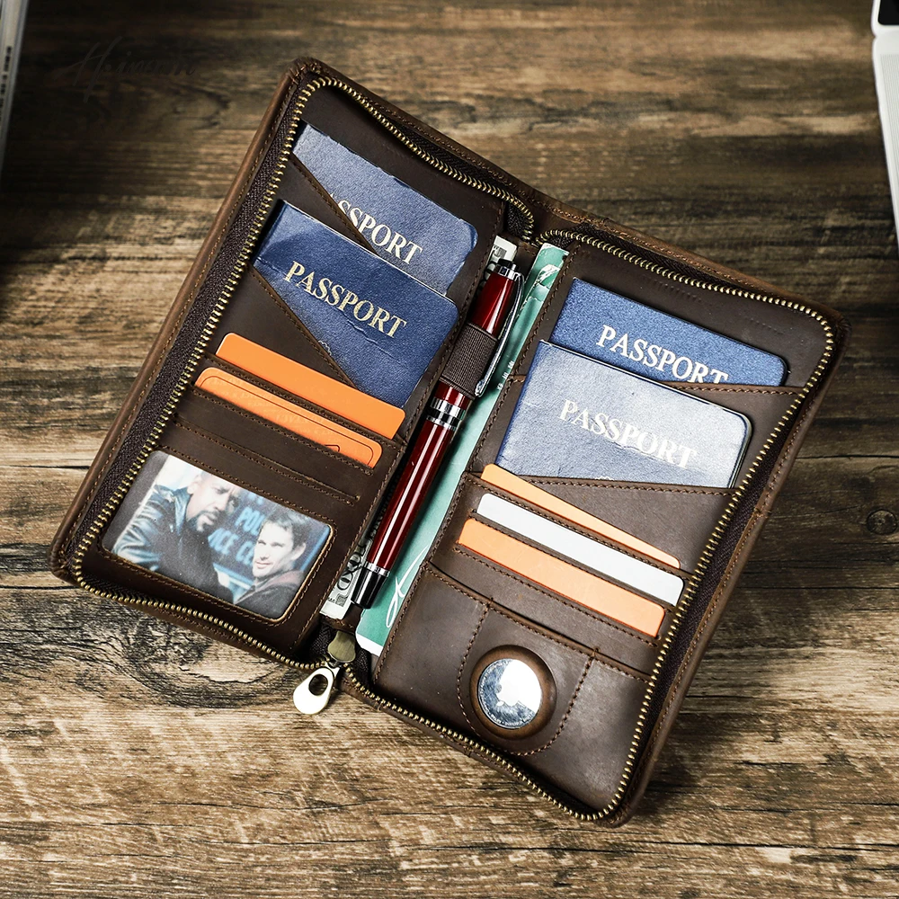 

Men's Genuine Leather Family Passports Travel Wallet Clutch Bag with Airtag Case Pen holder Phone Long Wallet Handbag