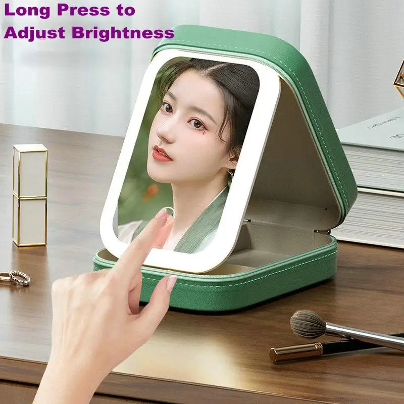 Mini organizer per trucco con specchio a LED Specchio per trucco ricaricabile tramite USB con custodia per gioielli leggera Borsa per trucco portatile