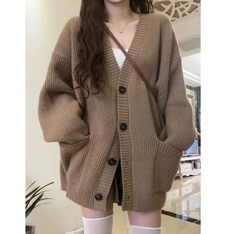 Cardigan aperto V-Ne senza palloncino Maglione lavorato a maglia lungo Sve per donna Autunno Inverno Vestibilità regolare Pezzo singolo Faion