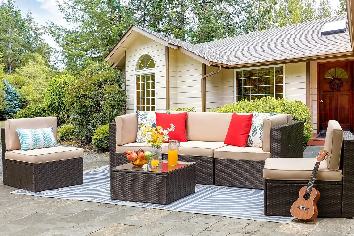 

6 Pieces Outdoor Patio Furniture Set, PE Wicker Rattan Sectional Sofa Small Patio Conversation Sets with Coffee Table